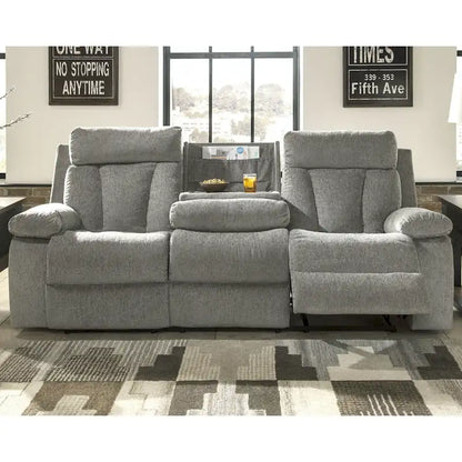 Mitchiner Gray Contemporary Reclining Sofa with Drop Down Table
