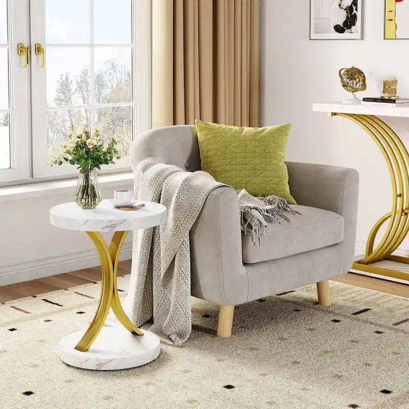 Modern Gold Round End Side Table with Faux White Marble Top and Gold Metal Frame