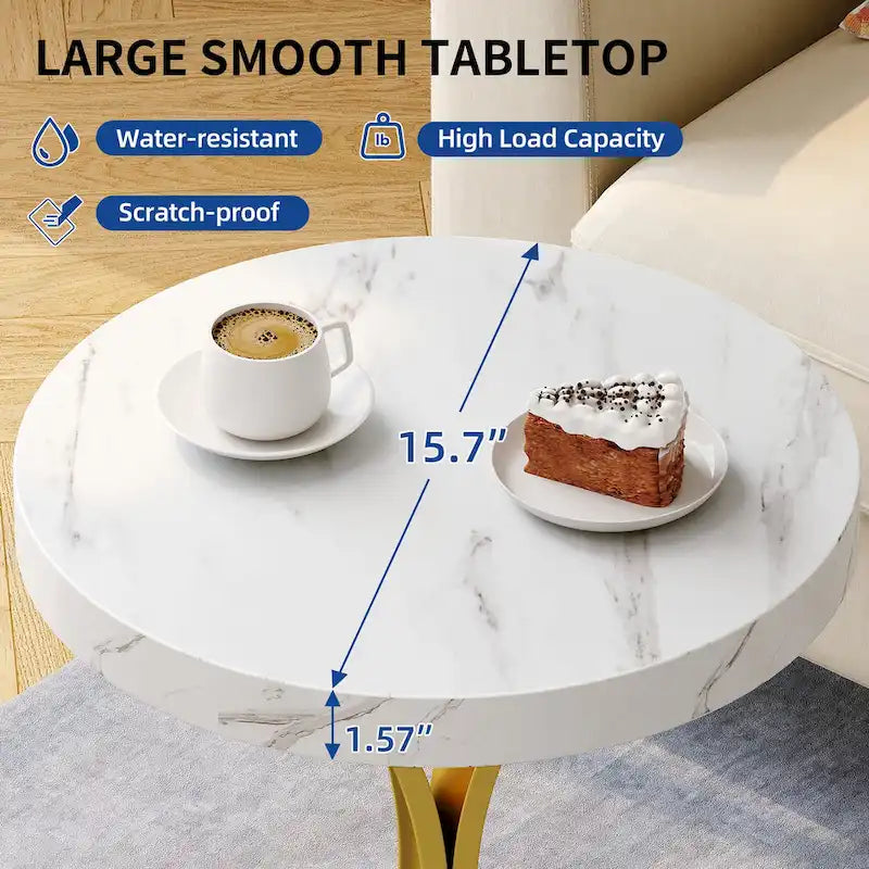 Modern Gold Round End Side Table with Faux White Marble Top and Gold Metal Frame