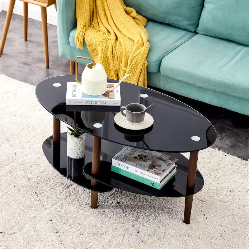 Oval glass coffee table, Transparent coffee table, modern table in living room with Oak wood legs, tea table