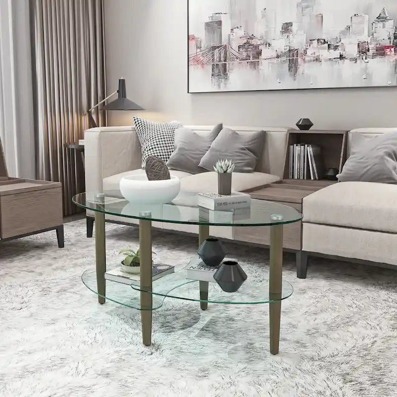 Oval glass coffee table, Transparent coffee table, modern table in living room with Oak wood legs, tea table