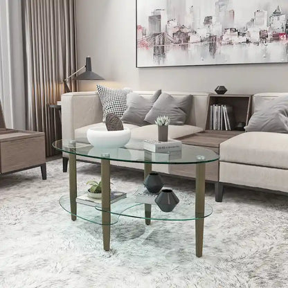 Oval glass coffee table, Transparent coffee table, modern table in living room with Oak wood legs, tea table