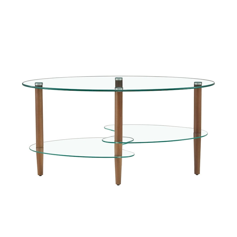 Oval glass coffee table, Transparent coffee table, modern table in living room with Oak wood legs, tea table