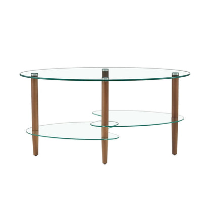 Oval glass coffee table, Transparent coffee table, modern table in living room with Oak wood legs, tea table