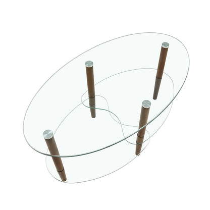 Oval glass coffee table, Transparent coffee table, modern table in living room with Oak wood legs, tea table