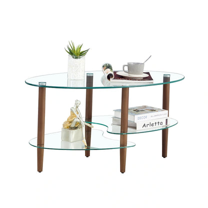 Oval glass coffee table, Transparent coffee table, modern table in living room with Oak wood legs, tea table