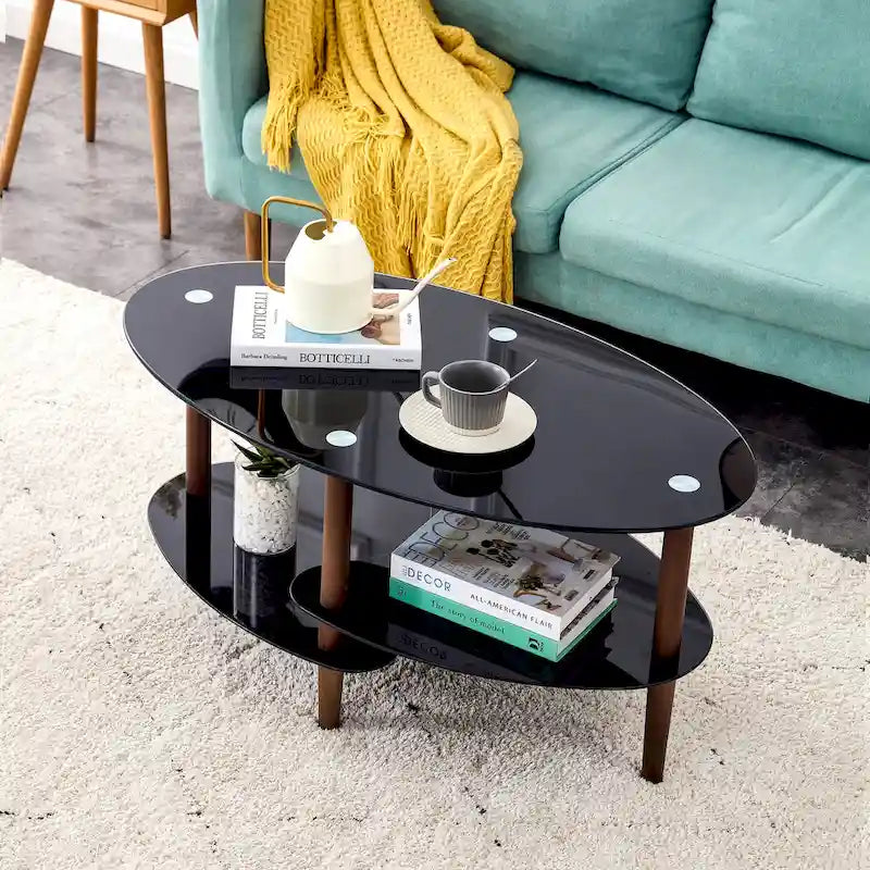 Oval glass coffee table, Transparent coffee table, modern table in living room with Oak wood legs, tea table