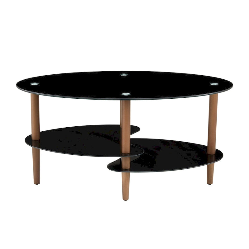 Oval glass coffee table, Transparent coffee table, modern table in living room with Oak wood legs, tea table