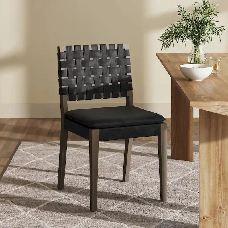 Cohen 19 in. Wood Dining Chair, Mid-Century Modern Upholstered Side Chair with Hand Woven Faux Leather Backrest