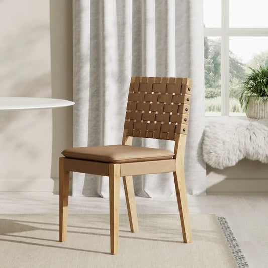 Cohen 19 in. Wood Dining Chair, Mid-Century Modern Upholstered Side Chair with Hand Woven Faux Leather Backrest