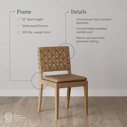 Cohen 19 in. Wood Dining Chair, Mid-Century Modern Upholstered Side Chair with Hand Woven Faux Leather Backrest
