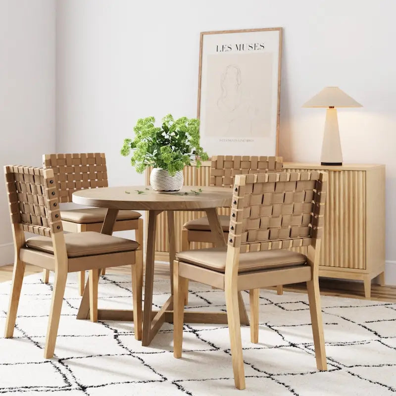 Cohen 19 in. Wood Dining Chair, Mid-Century Modern Upholstered Side Chair with Hand Woven Faux Leather Backrest