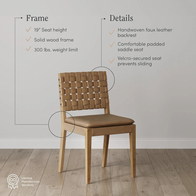 Cohen 19 in. Wood Dining Chair, Mid-Century Modern Upholstered Side Chair with Hand Woven Faux Leather Backrest