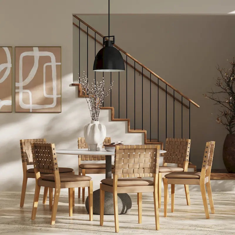 Cohen 19 in. Wood Dining Chair, Mid-Century Modern Upholstered Side Chair with Hand Woven Faux Leather Backrest