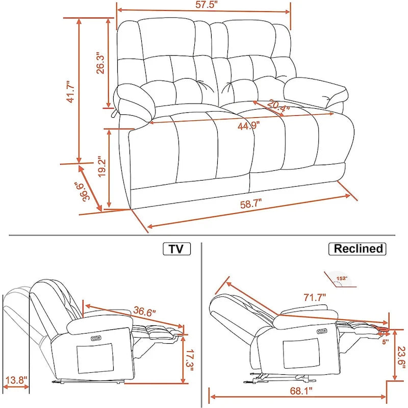 MCombo Electric Power Reclining Loveseat Sofa with Heat and Massage, Fabric 6237