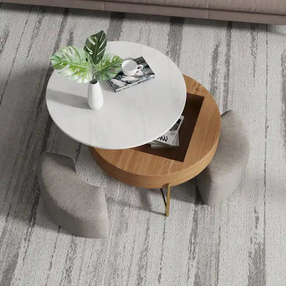 31.5 Modern Round Lift-Top Coffee Table Set with Storage & 3 Ottomans