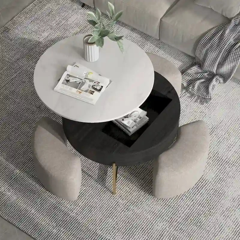 31.5 Modern Round Lift-Top Coffee Table Set with Storage & 3 Ottomans