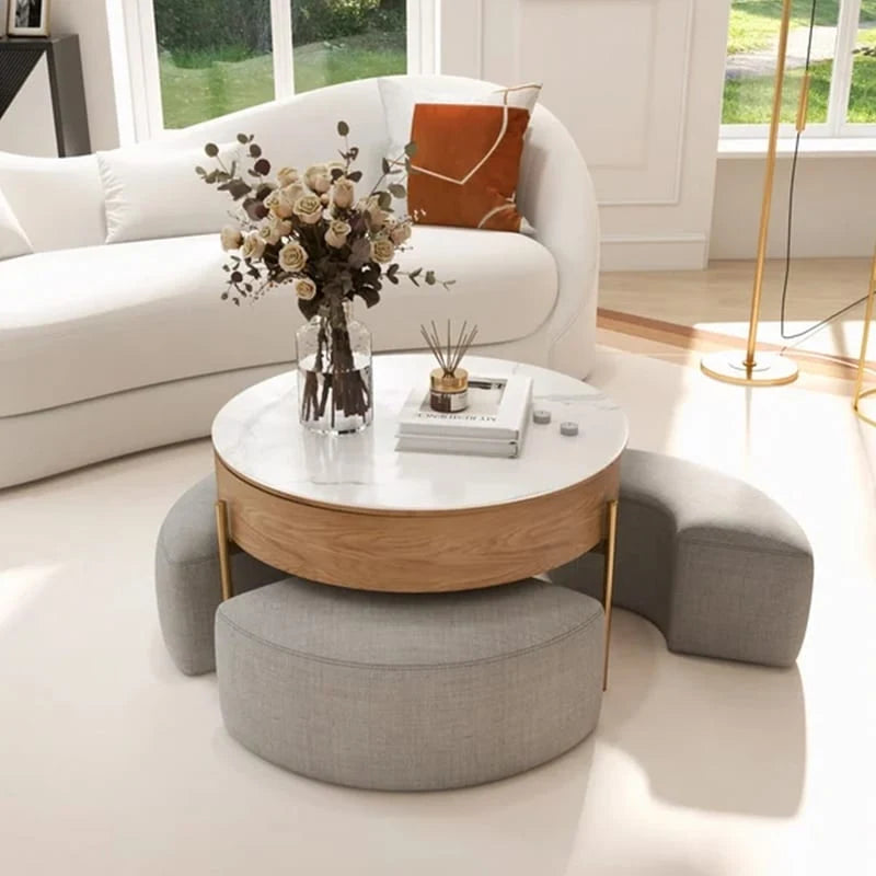 31.5 Modern Round Lift-Top Coffee Table Set with Storage & 3 Ottomans
