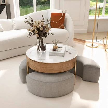 31.5 Modern Round Lift-Top Coffee Table Set with Storage & 3 Ottomans