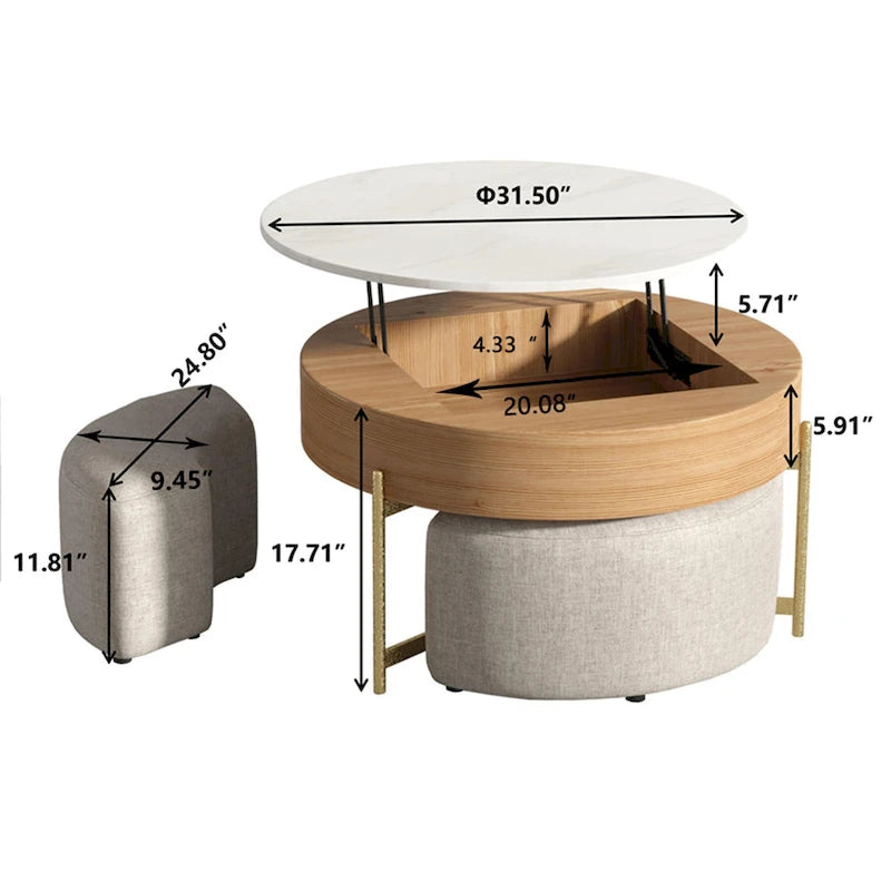 31.5 Modern Round Lift-Top Coffee Table Set with Storage & 3 Ottomans