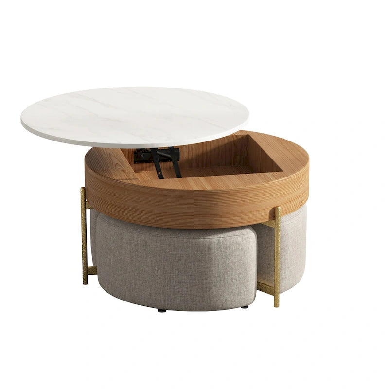 31.5 Modern Round Lift-Top Coffee Table Set with Storage & 3 Ottomans