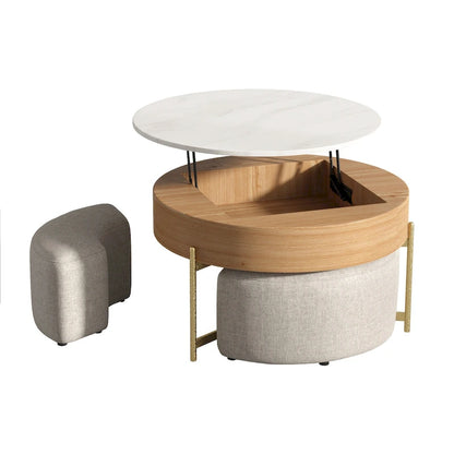31.5 Modern Round Lift-Top Coffee Table Set with Storage & 3 Ottomans