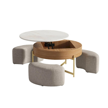 31.5 Modern Round Lift-Top Coffee Table Set with Storage & 3 Ottomans
