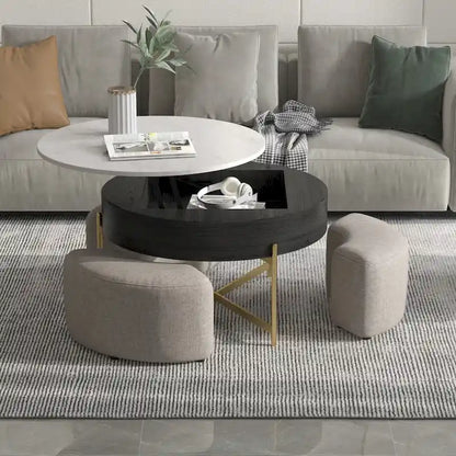 31.5 Modern Round Lift-Top Coffee Table Set with Storage & 3 Ottomans