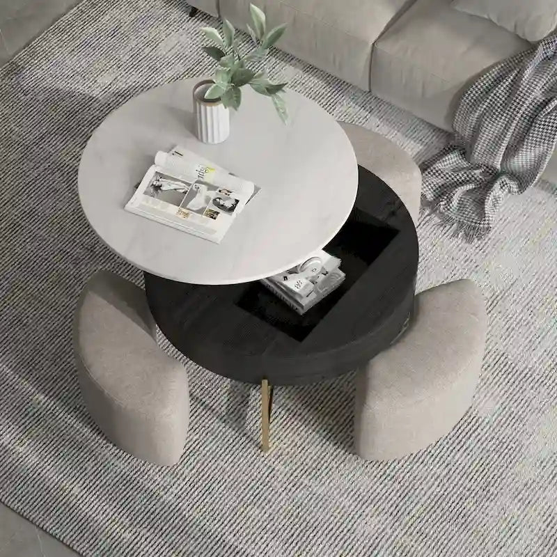 31.5 Modern Round Lift-Top Coffee Table Set with Storage & 3 Ottomans