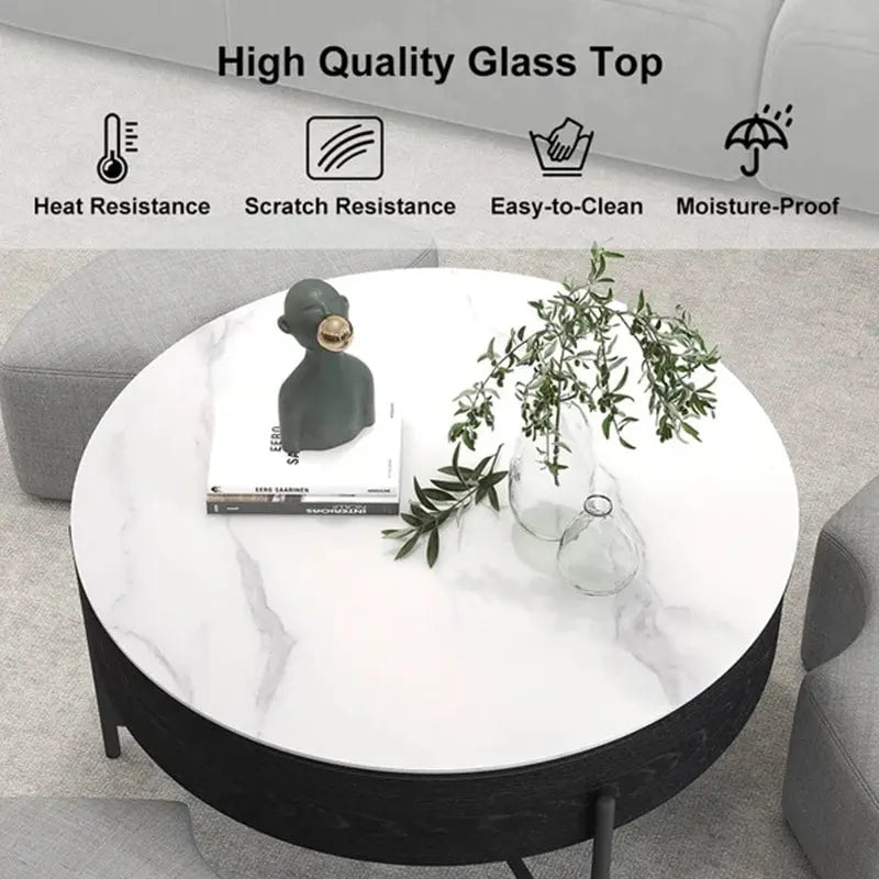 31.5 Modern Round Lift-Top Coffee Table Set with Storage & 3 Ottomans