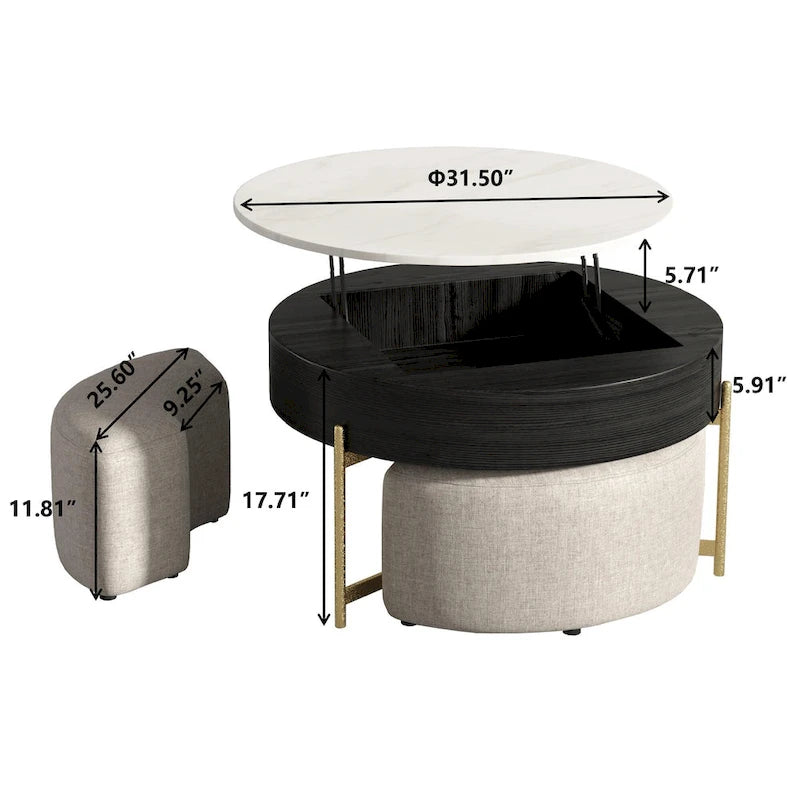 31.5 Modern Round Lift-Top Coffee Table Set with Storage & 3 Ottomans