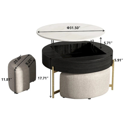 31.5 Modern Round Lift-Top Coffee Table Set with Storage & 3 Ottomans