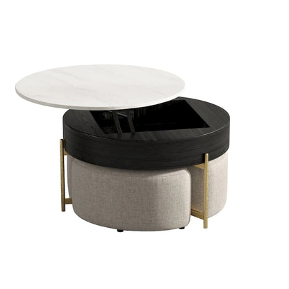 31.5 Modern Round Lift-Top Coffee Table Set with Storage & 3 Ottomans