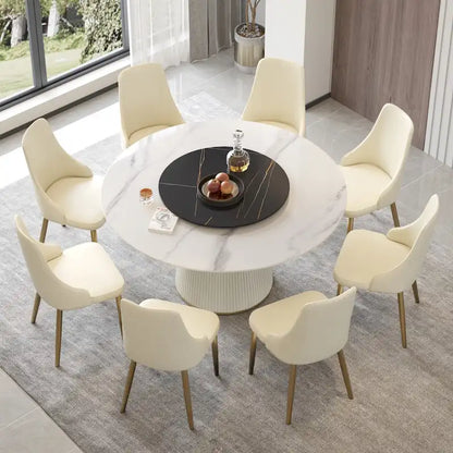 59 Round Dining Table for 8, White Sintered Stone Tabletop with Lazy Susan - N/A