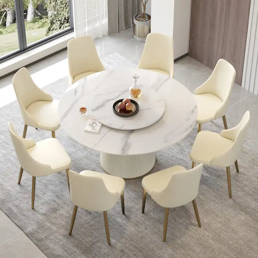 59 Round Dining Table for 8, White Sintered Stone Tabletop with Lazy Susan - N/A