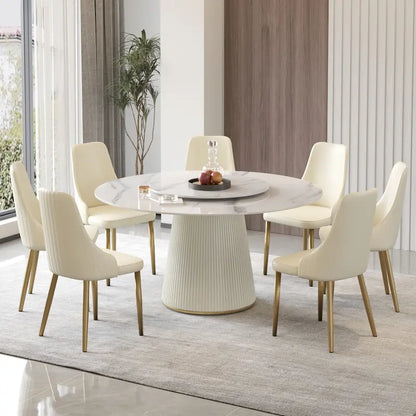 59 Round Dining Table for 8, White Sintered Stone Tabletop with Lazy Susan - N/A