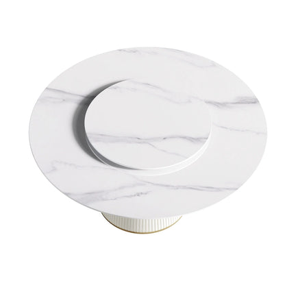 59 Round Dining Table for 8, White Sintered Stone Tabletop with Lazy Susan - N/A