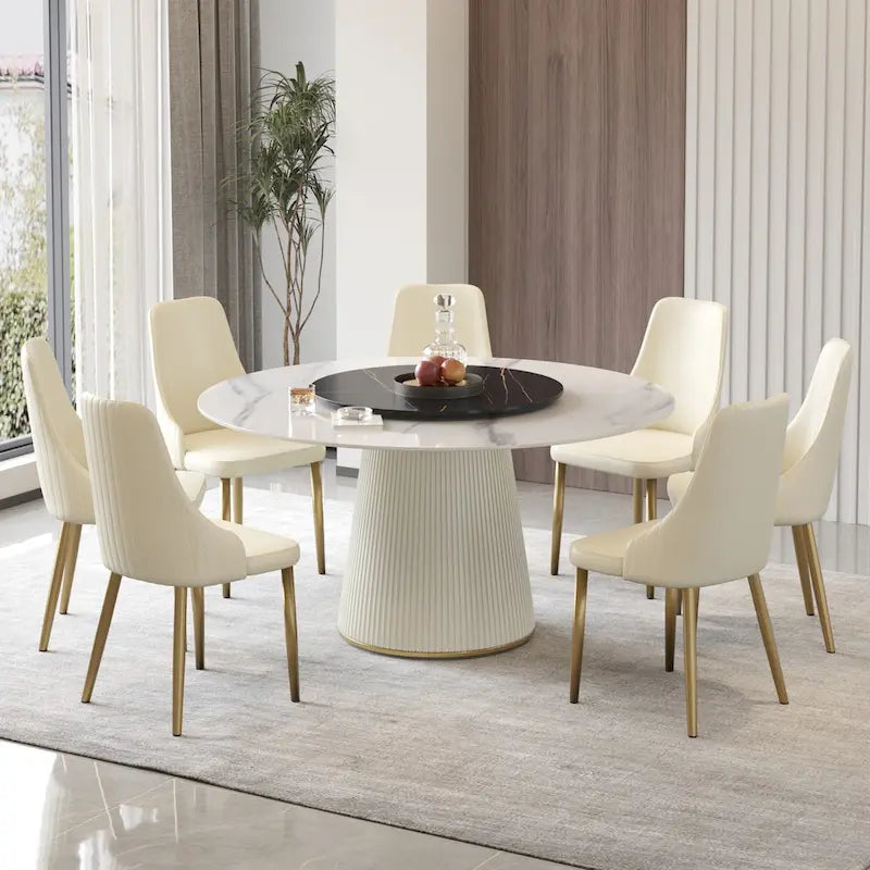 59 Round Dining Table for 8, White Sintered Stone Tabletop with Lazy Susan - N/A