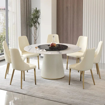 59 Round Dining Table for 8, White Sintered Stone Tabletop with Lazy Susan - N/A