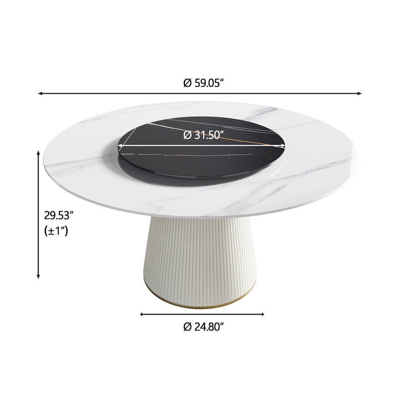 59 Round Dining Table for 8, White Sintered Stone Tabletop with Lazy Susan - N/A