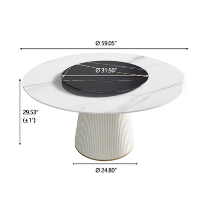 59 Round Dining Table for 8, White Sintered Stone Tabletop with Lazy Susan - N/A