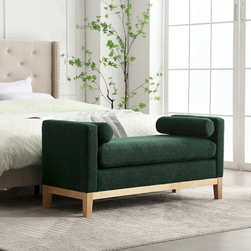 Modern Boucle Upholstered Bedroom Bench With Wood Legs,Entryway Bench
