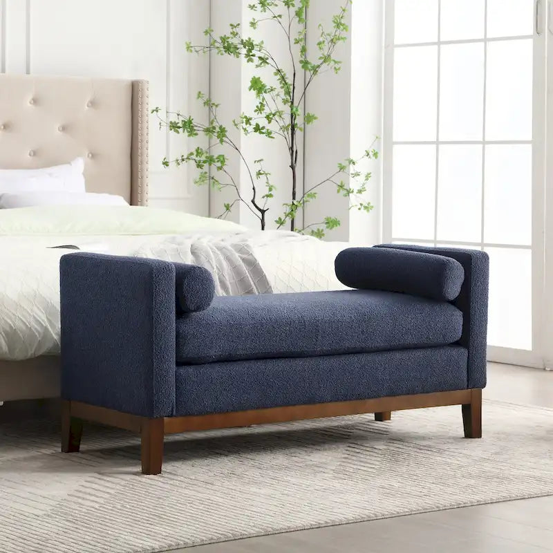Modern Boucle Upholstered Bedroom Bench With Wood Legs,Entryway Bench