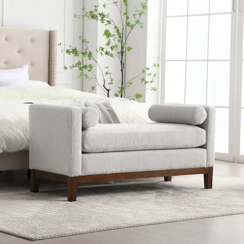 Modern Boucle Upholstered Bedroom Bench With Wood Legs,Entryway Bench