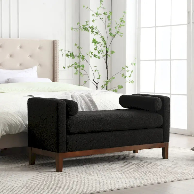 Modern Boucle Upholstered Bedroom Bench With Wood Legs,Entryway Bench