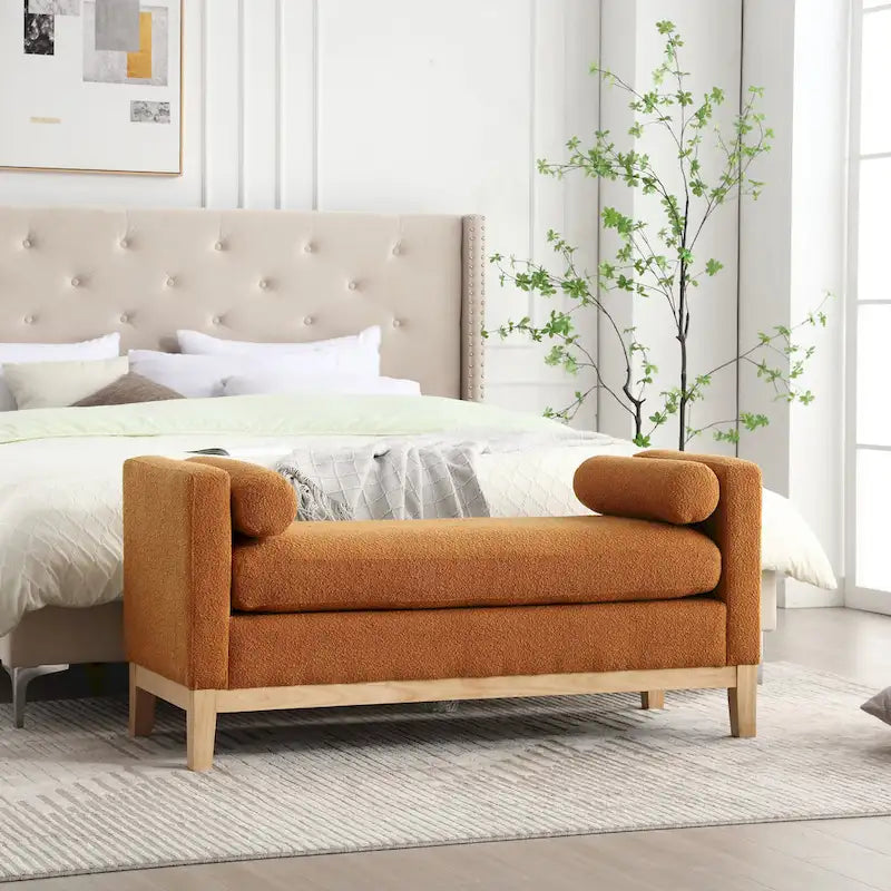 Modern Boucle Upholstered Bedroom Bench With Wood Legs,Entryway Bench