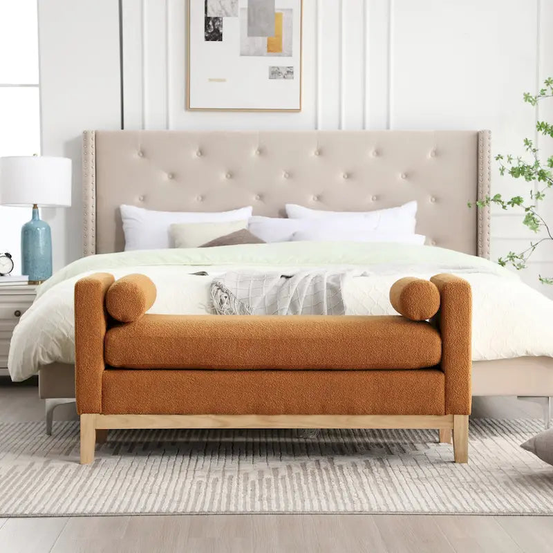 Modern Boucle Upholstered Bedroom Bench With Wood Legs,Entryway Bench