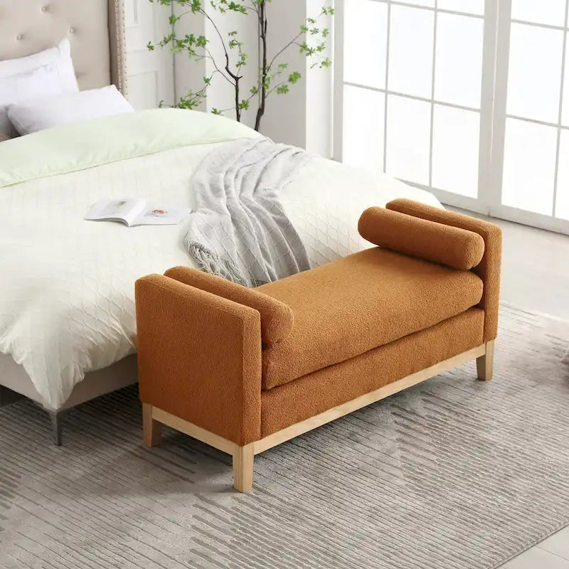 Modern Boucle Upholstered Bedroom Bench With Wood Legs,Entryway Bench