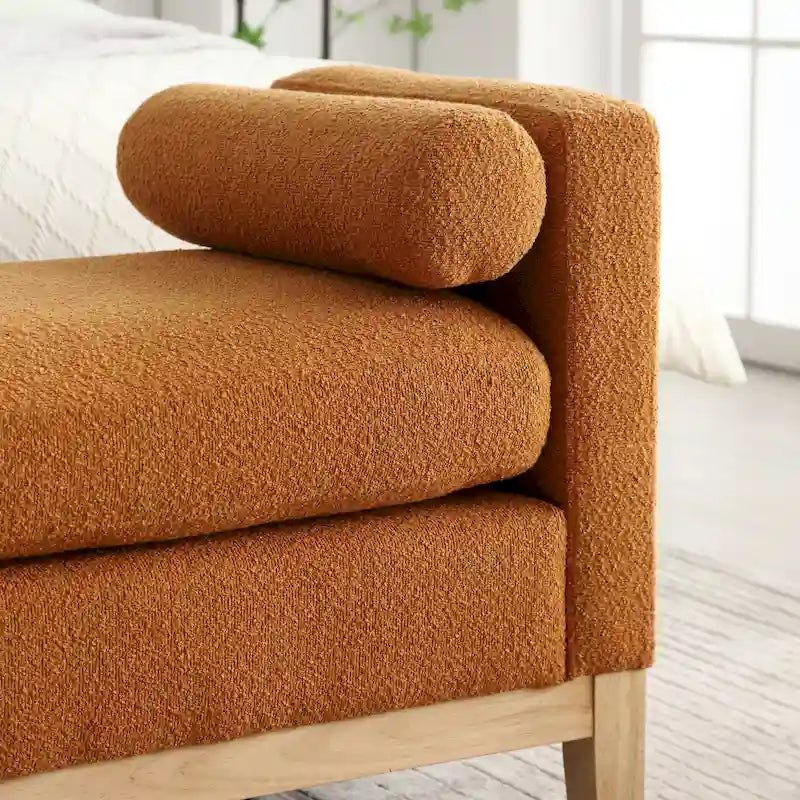Modern Boucle Upholstered Bedroom Bench With Wood Legs,Entryway Bench