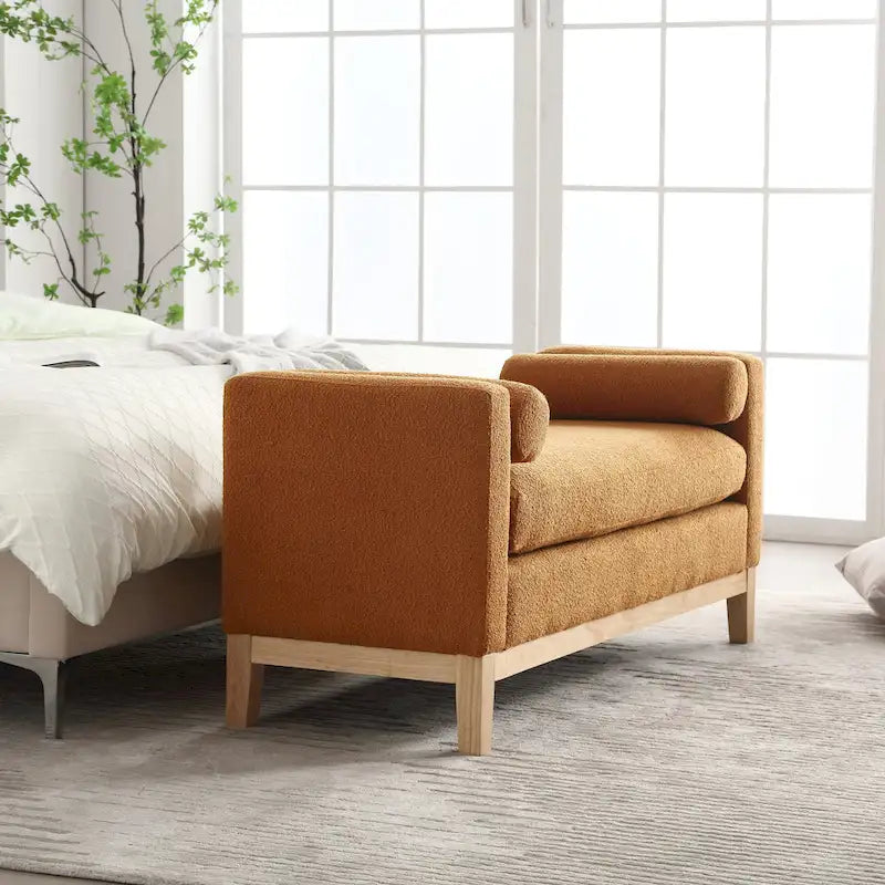 Modern Boucle Upholstered Bedroom Bench With Wood Legs,Entryway Bench